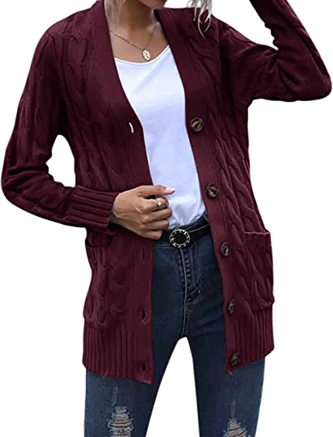 Womens Fall Open Front Cardigan Sweaters Button Up Long Sleeve Coats Cable Knit Sweaters Cardigans Chunky Outerwears