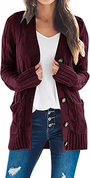 Womens Fall Open Front Cardigan Sweaters Button Up Long Sleeve Coats Cable Knit Sweaters Cardigans Chunky Outerwears