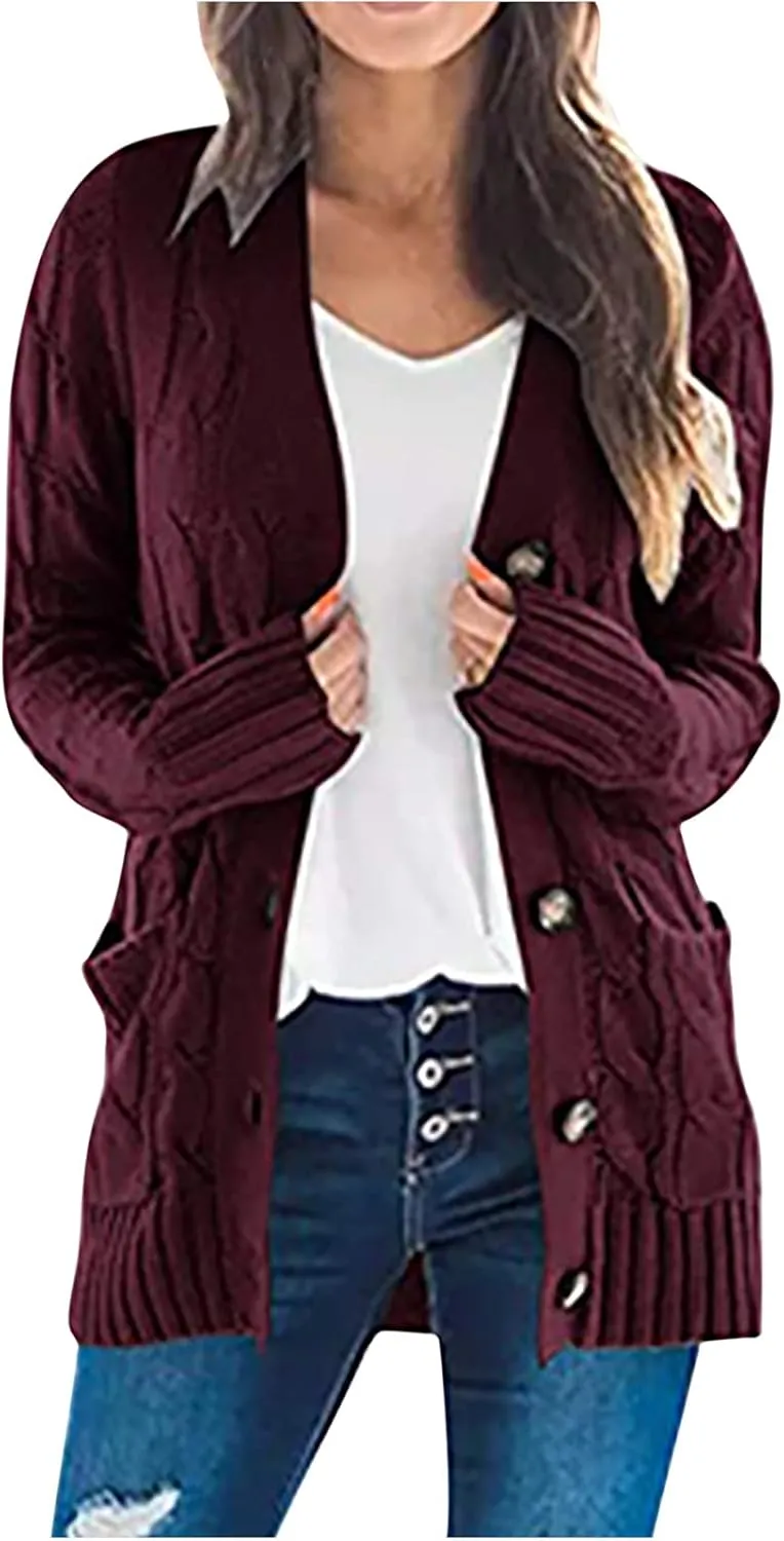 Womens Fall Open Front Cardigan Sweaters Button Up Long Sleeve Coats Cable Knit Sweaters Cardigans Chunky Outerwears