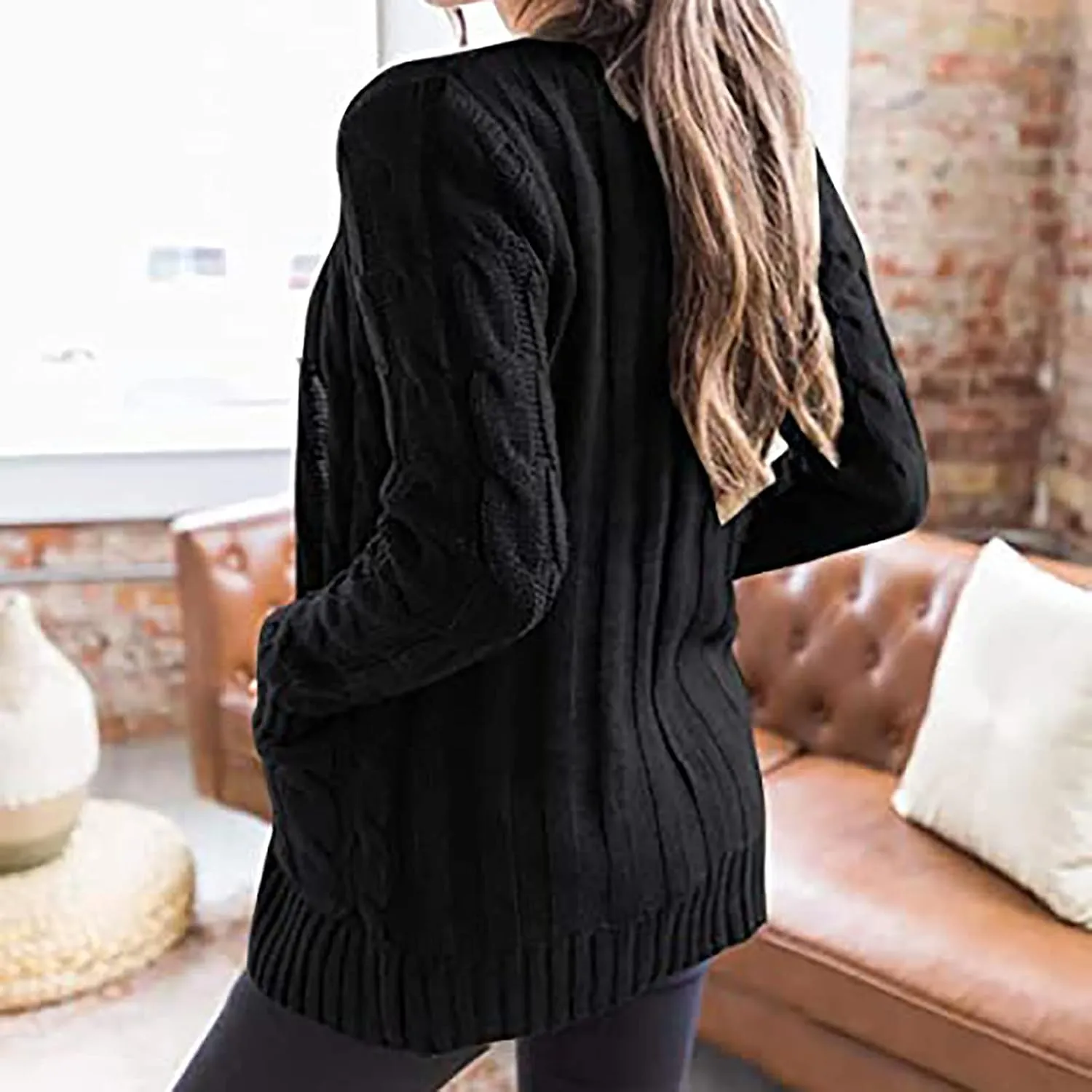 Womens Fall Sweater Open Front Cardigan Sweaters Button Long Sleeve Coats Outerwear Fashion Cable Knit Chunky Outwear