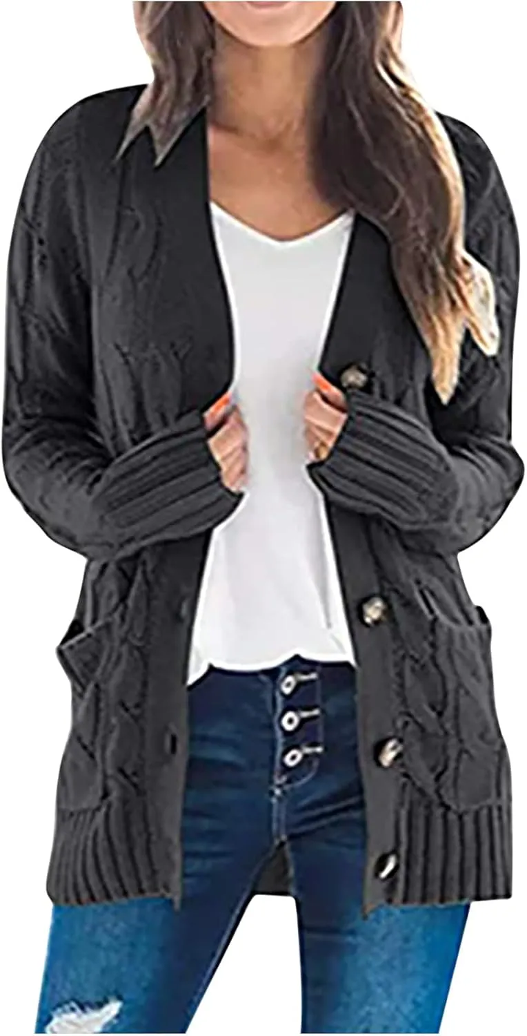 Womens Fall Sweater Open Front Cardigan Sweaters Button Long Sleeve Coats Outerwear Fashion Cable Knit Chunky Outwear