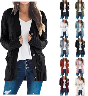 Womens Fall Sweater Open Front Cardigan Sweaters Button Long Sleeve Coats Outerwear Fashion Cable Knit Chunky Outwear