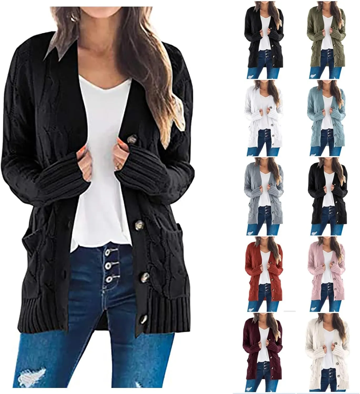 Womens Fall Sweater Open Front Cardigan Sweaters Button Long Sleeve Coats Outerwear Fashion Cable Knit Chunky Outwear