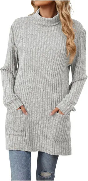 Womens Fall Turtleneck Sweater Tops Loose Fit Ribbed Knit Shirts Casual Lightweight Soft Pullover with Pockets