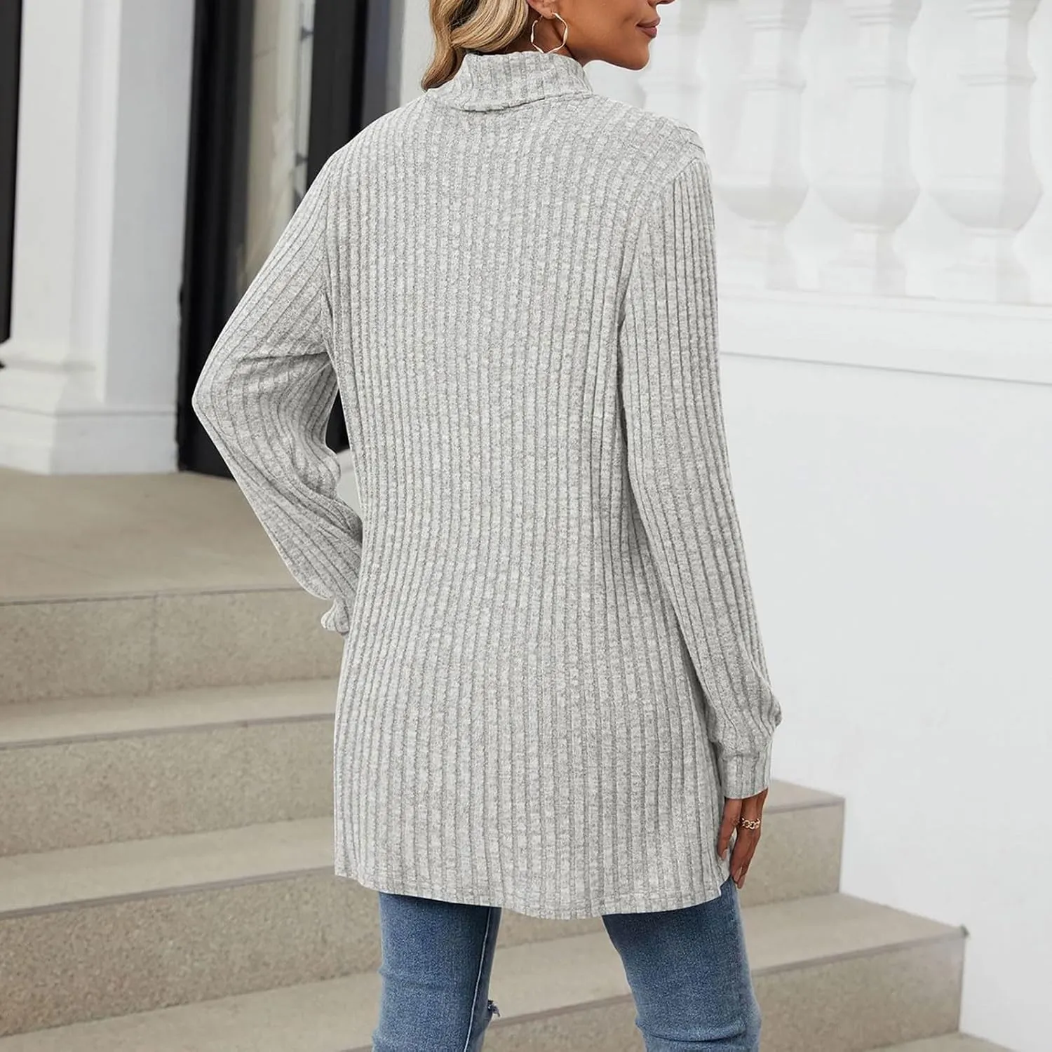 Womens Fall Turtleneck Sweater Tops Loose Fit Ribbed Knit Shirts Casual Lightweight Soft Pullover with Pockets
