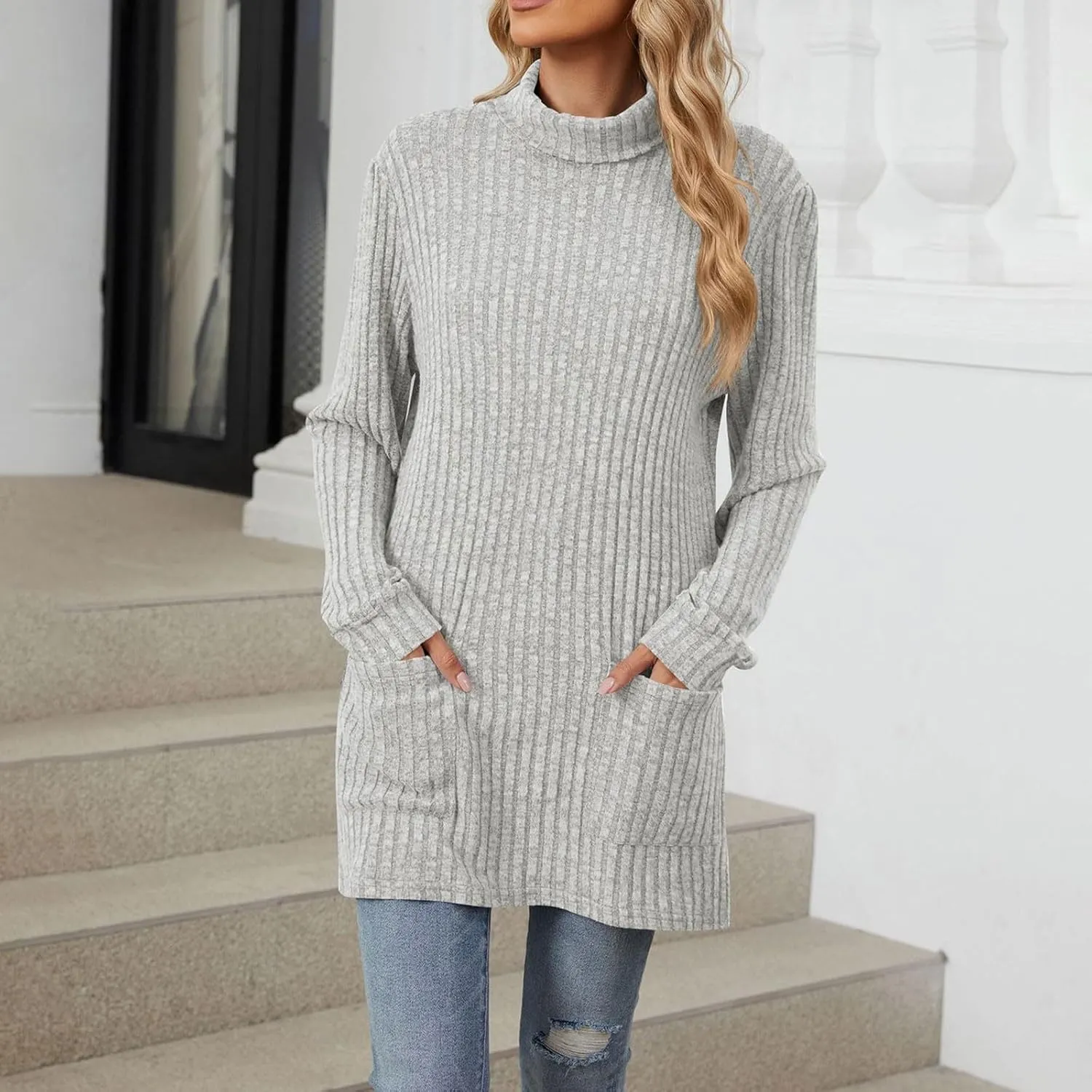 Womens Fall Turtleneck Sweater Tops Loose Fit Ribbed Knit Shirts Casual Lightweight Soft Pullover with Pockets