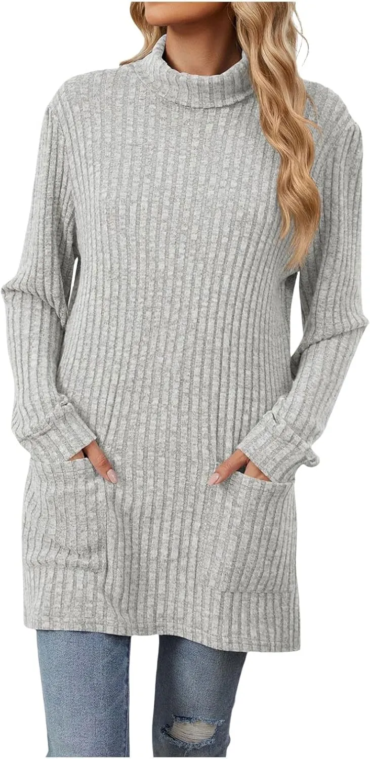 Womens Fall Turtleneck Sweater Tops Loose Fit Ribbed Knit Shirts Casual Lightweight Soft Pullover with Pockets
