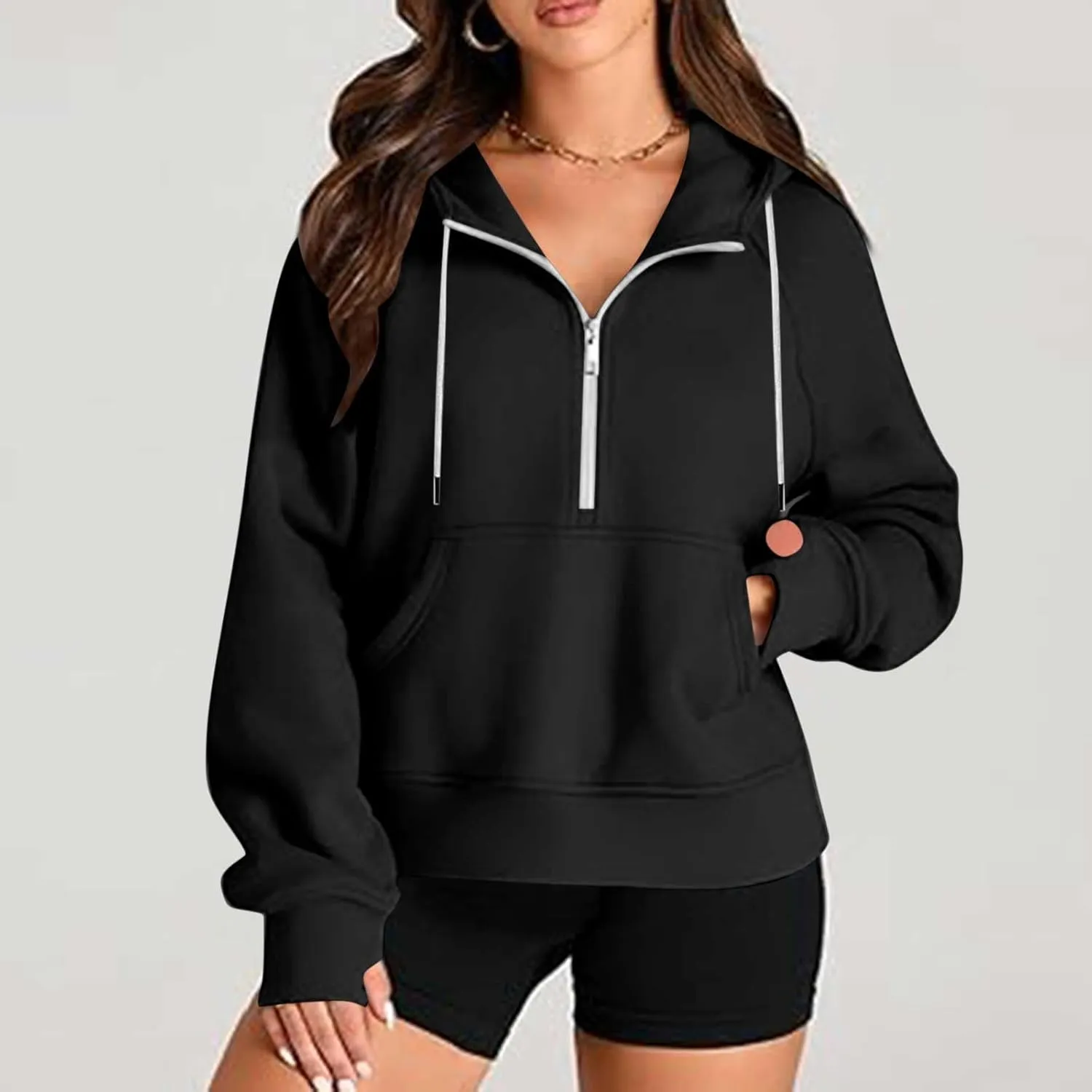 Women'S Fashion Hoodies Cropped Half Zip Pullover Tops Casual Loose Hoodie With Thumb Hole Fleece Soft Sweatshirt 2024