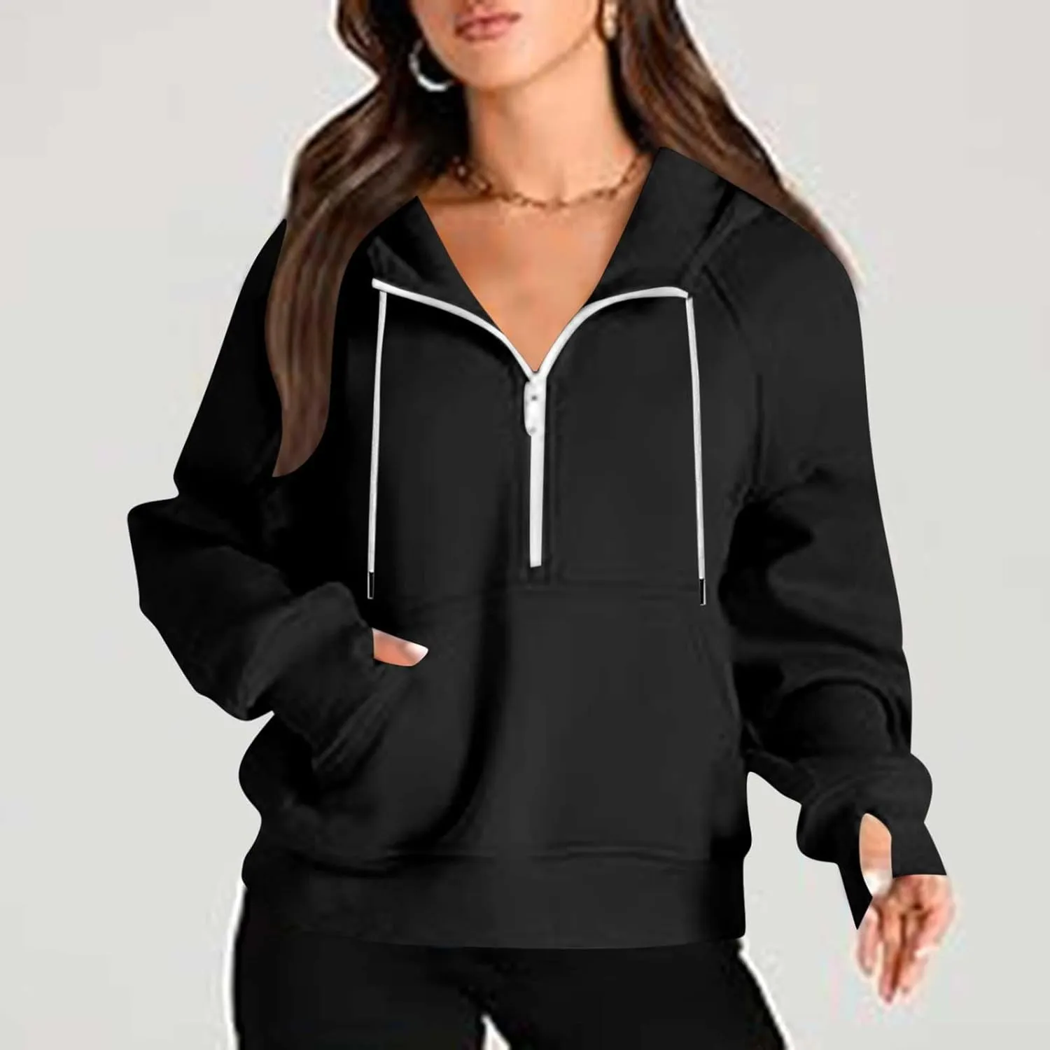 Women'S Fashion Hoodies Cropped Half Zip Pullover Tops Casual Loose Hoodie With Thumb Hole Fleece Soft Sweatshirt 2024
