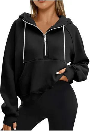 Women'S Fashion Hoodies Cropped Half Zip Pullover Tops Casual Loose Hoodie With Thumb Hole Fleece Soft Sweatshirt 2024