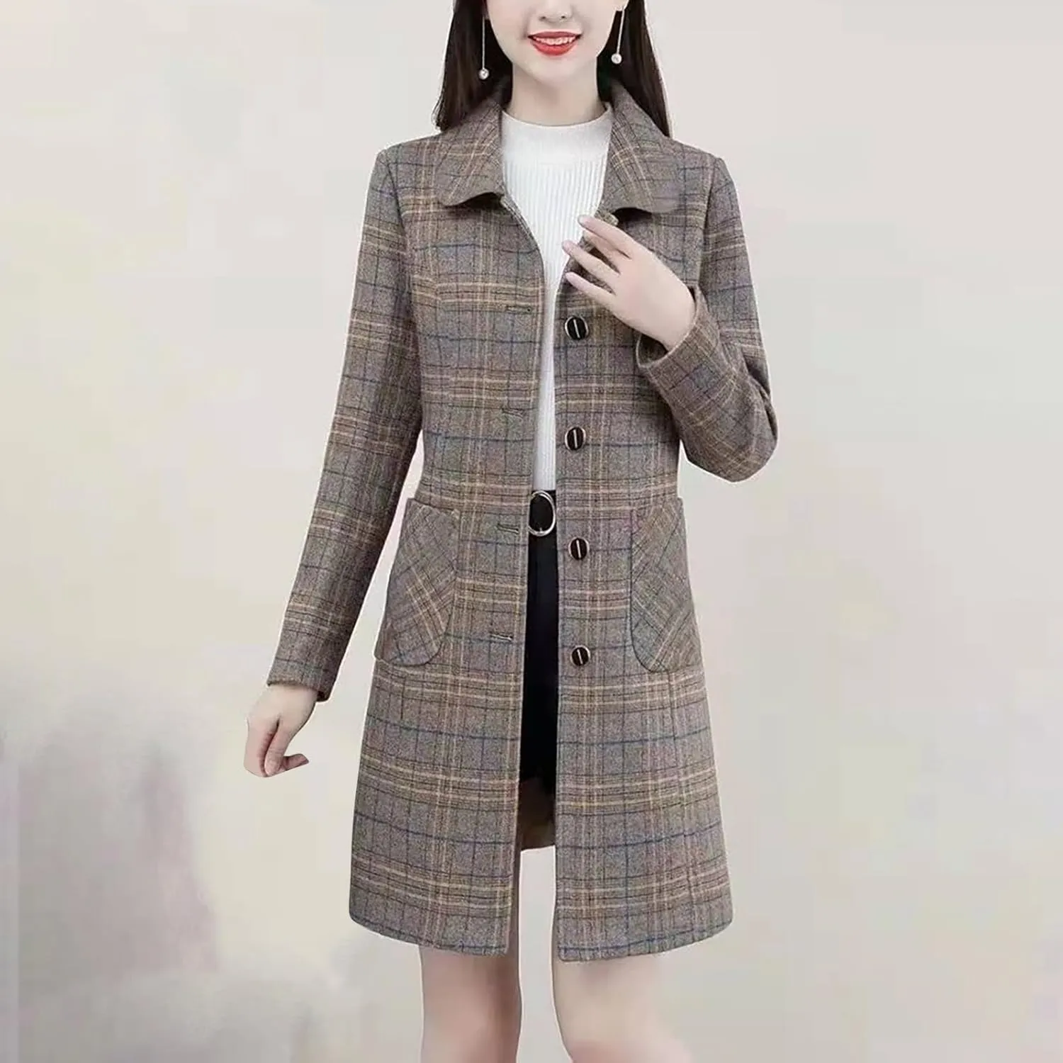 Women's Fashion Plaid Print Midi Jacket, Long Sleeve Elegant Woolen Blend Coat Button Down Lapel Wool Trench Jackets