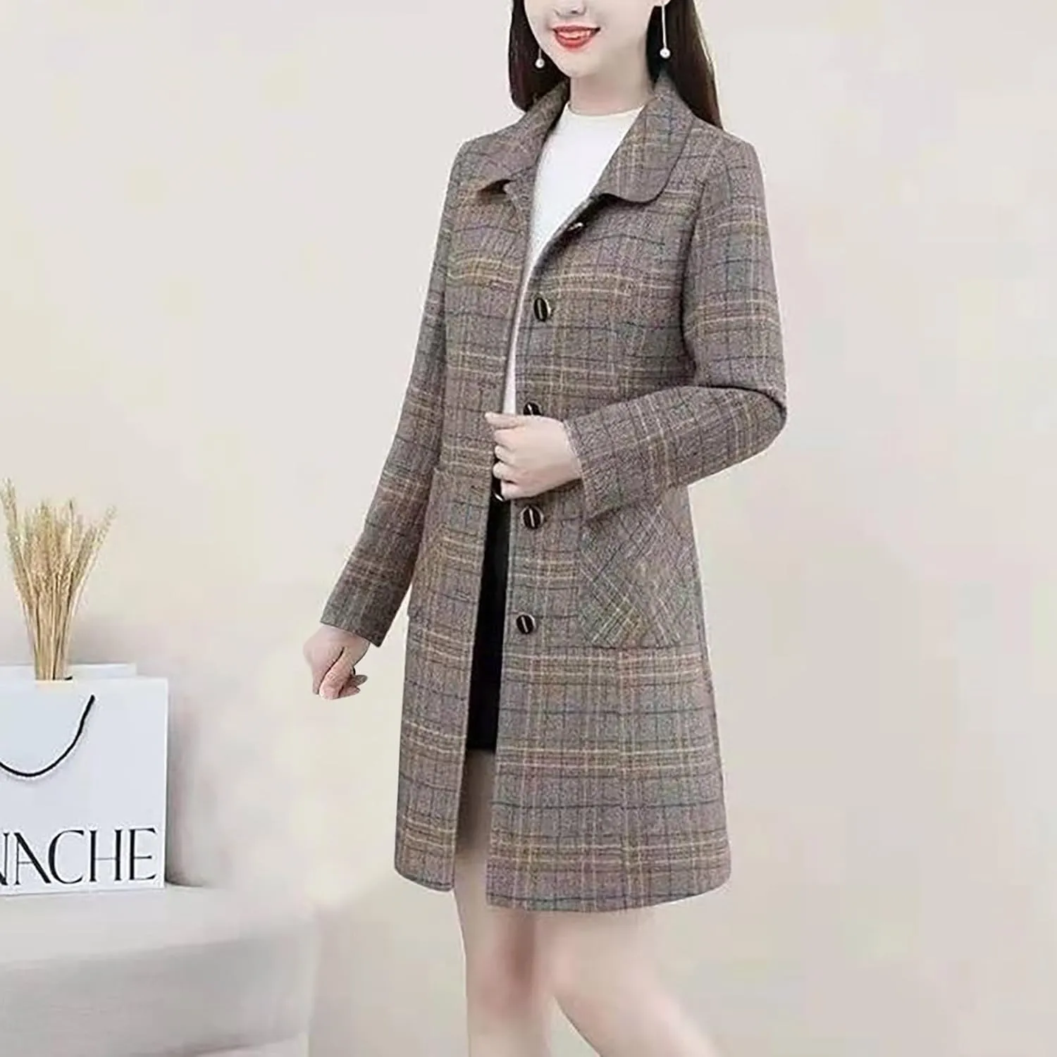 Women's Fashion Plaid Print Midi Jacket, Long Sleeve Elegant Woolen Blend Coat Button Down Lapel Wool Trench Jackets