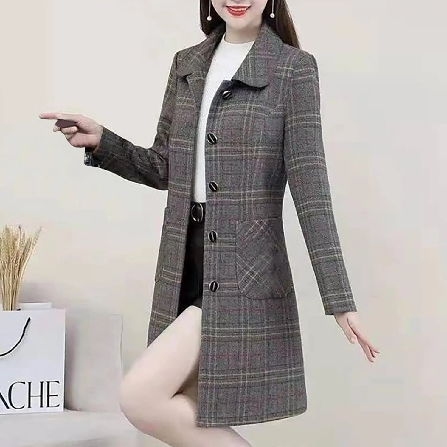 Women's Fashion Plaid Print Midi Jacket, Long Sleeve Elegant Woolen Blend Coat Button Down Lapel Wool Trench Jackets