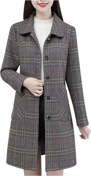 Women's Fashion Plaid Print Midi Jacket, Long Sleeve Elegant Woolen Blend Coat Button Down Lapel Wool Trench Jackets