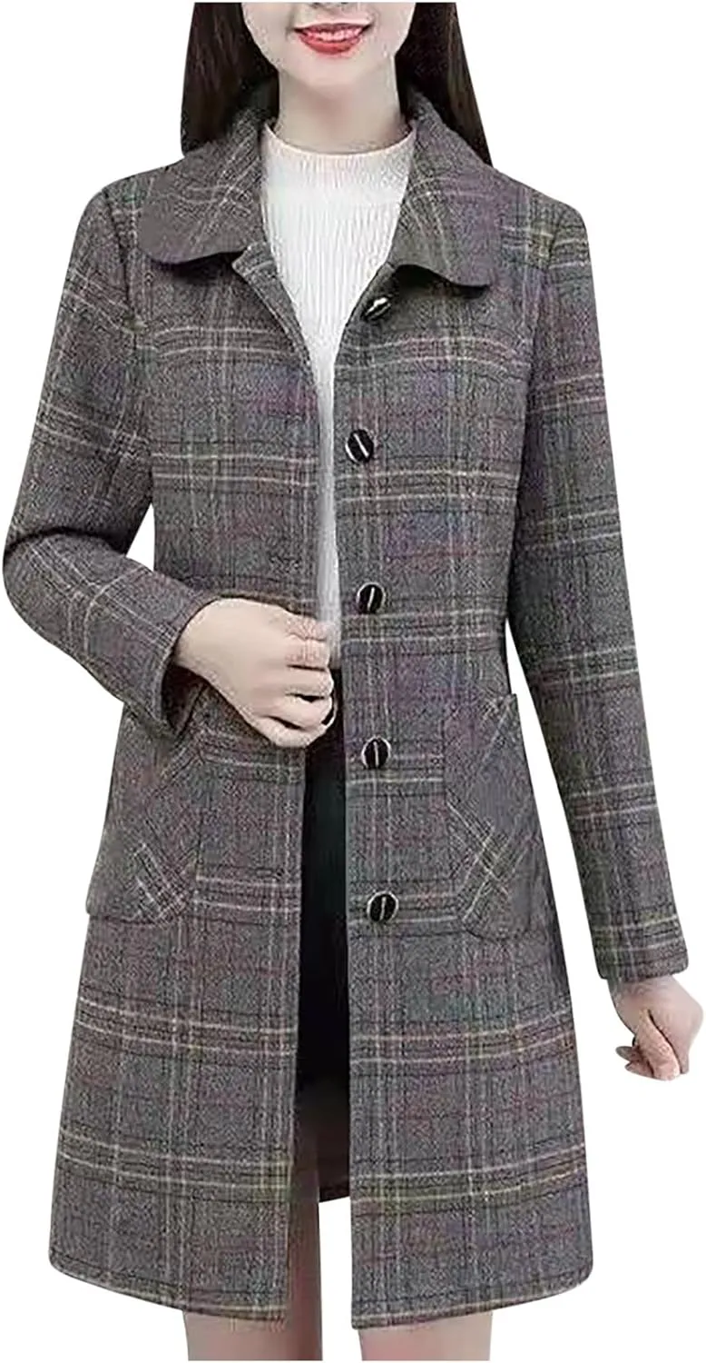 Women's Fashion Plaid Print Midi Jacket, Long Sleeve Elegant Woolen Blend Coat Button Down Lapel Wool Trench Jackets