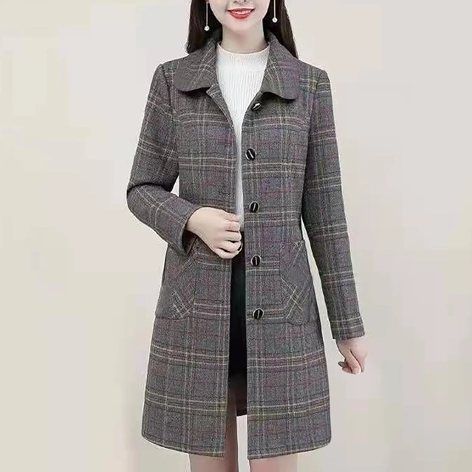 Women's Fashion Plaid Print Midi Jacket, Long Sleeve Elegant Woolen Blend Coat Button Down Lapel Wool Trench Jackets