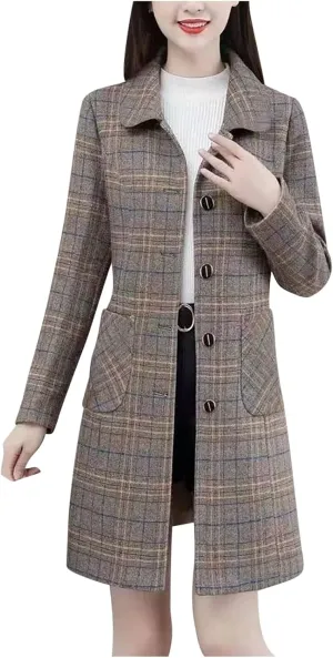 Women's Fashion Plaid Print Midi Jacket, Long Sleeve Elegant Woolen Blend Coat Button Down Lapel Wool Trench Jackets