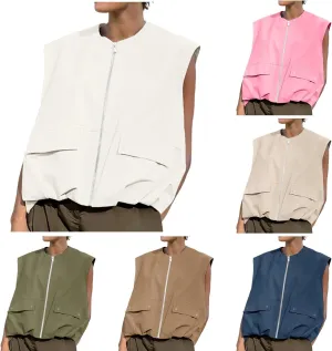 Womens Fashion Sleeveless Sweatshirt Casual Full Zip Pocket Pullover Tops Loose Lightweight Open Front Cardigan Coat