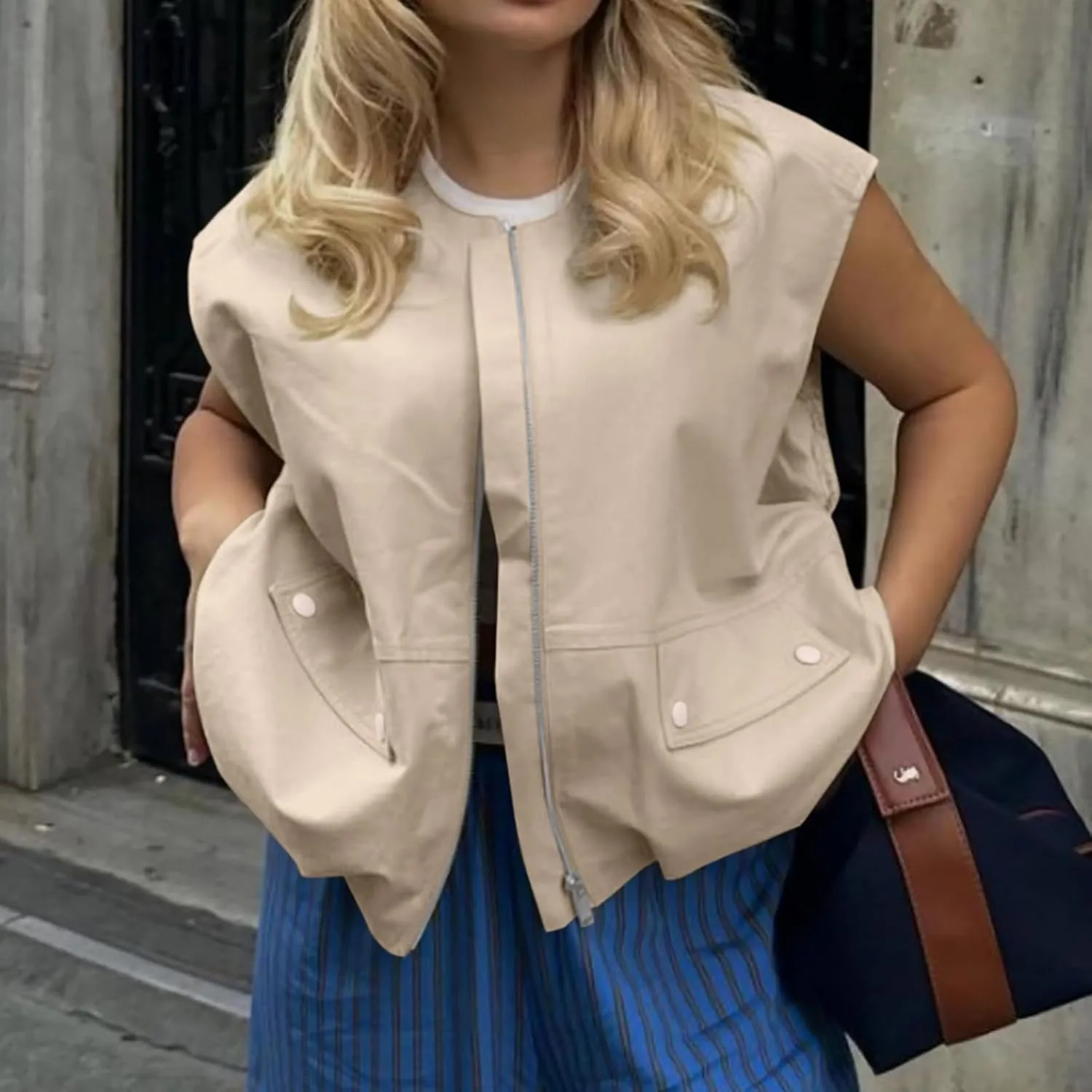 Womens Fashion Sleeveless Sweatshirt Casual Full Zip Pocket Pullover Tops Loose Lightweight Open Front Cardigan Coat