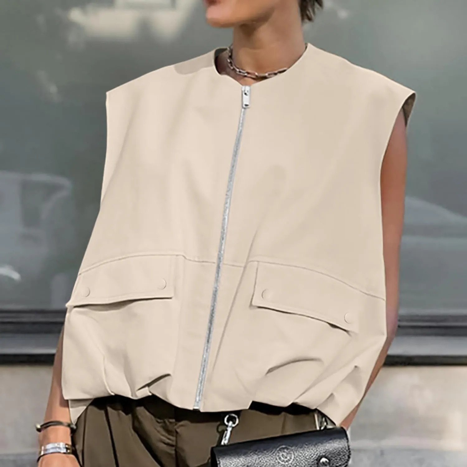 Womens Fashion Sleeveless Sweatshirt Casual Full Zip Pocket Pullover Tops Loose Lightweight Open Front Cardigan Coat