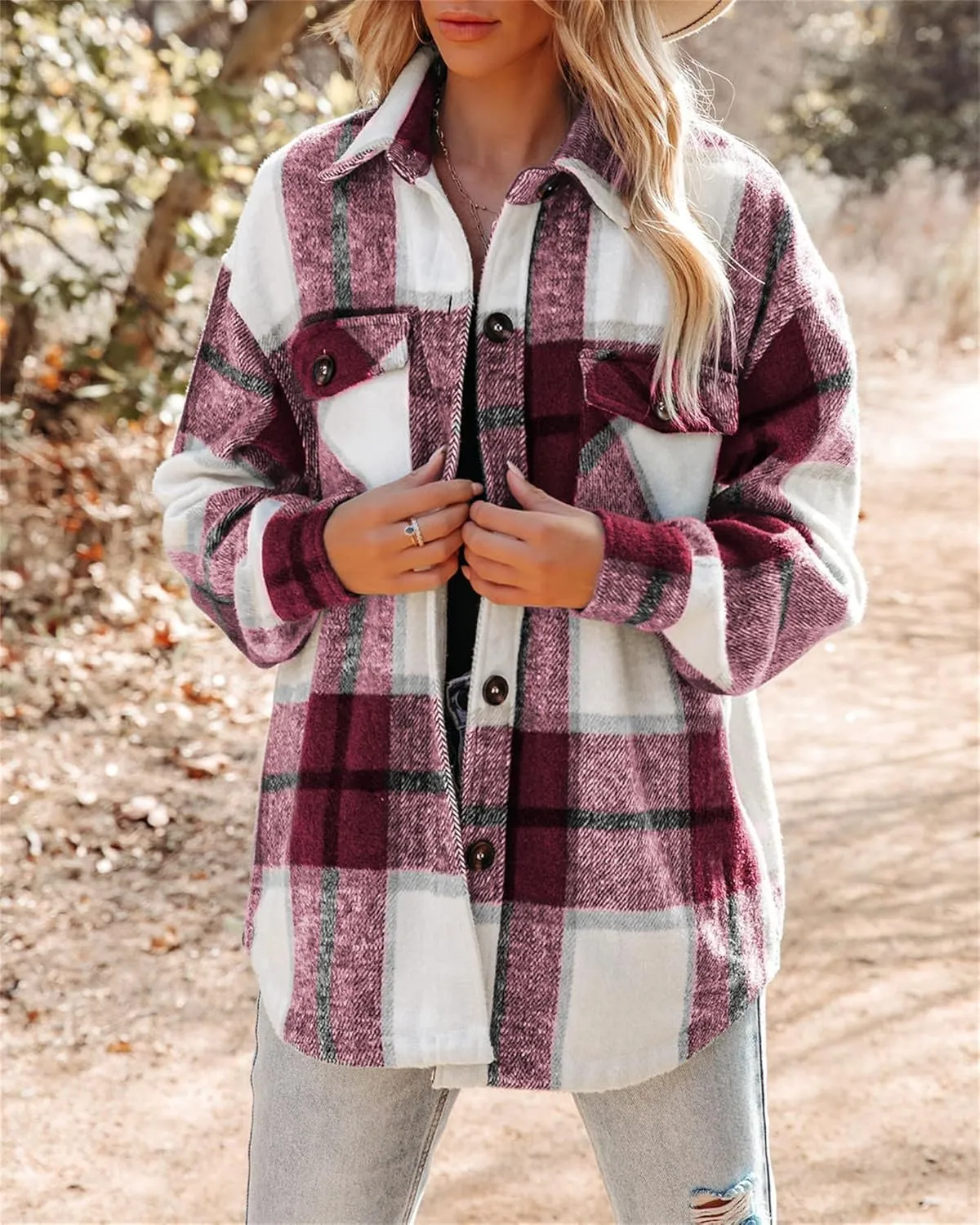 Womens Flannel Shacket Boyfriend Plaid Button Down Jacket Casual Long Sleeve Shirts