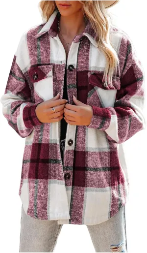 Womens Flannel Shacket Boyfriend Plaid Button Down Jacket Casual Long Sleeve Shirts