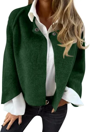 Womens Fleece Coat Cropped Wool Blend Pea Coat Cape Open Front Cardigan Lapel Button Down Jacket