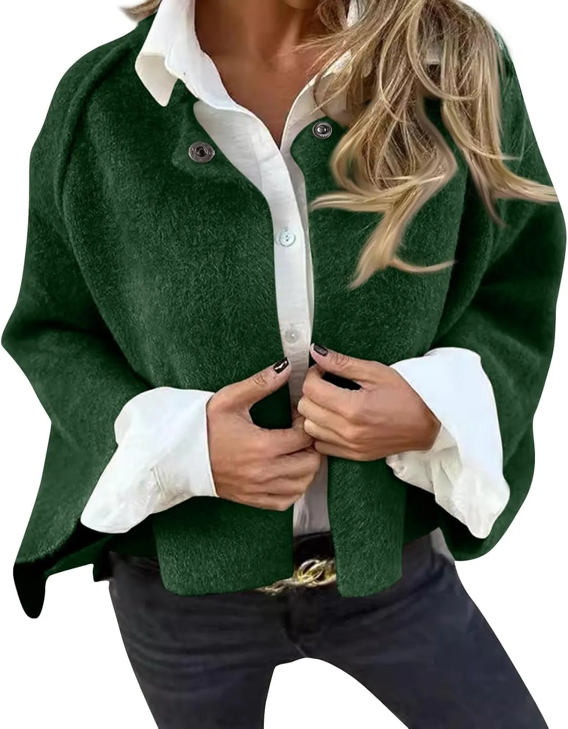 Womens Fleece Coat Cropped Wool Blend Pea Coat Cape Open Front Cardigan Lapel Button Down Jacket