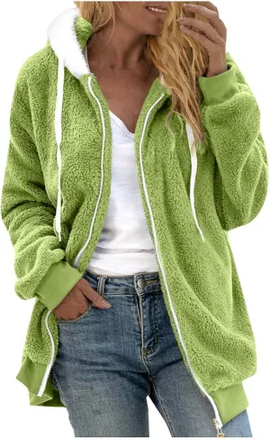Womens Fleece Jacket Winter Loose Warm Open Front Full Zip Up Drawstring Hooded Sweater Coat Daily Casual Hoodies Coat
