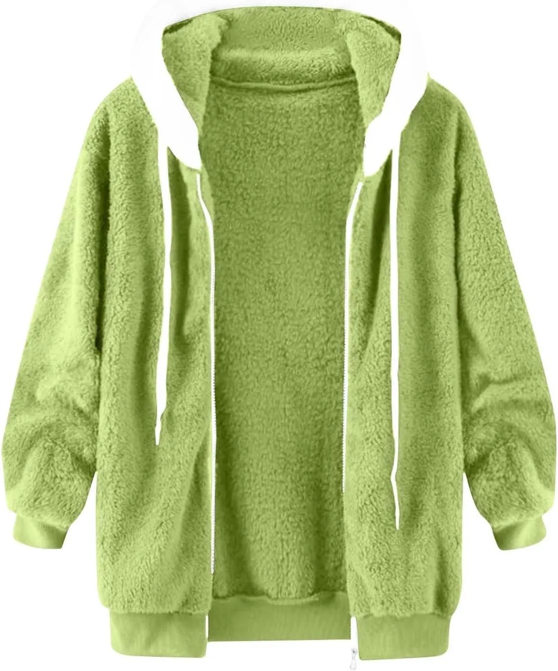 Womens Fleece Jacket Winter Loose Warm Open Front Full Zip Up Drawstring Hooded Sweater Coat Daily Casual Hoodies Coat