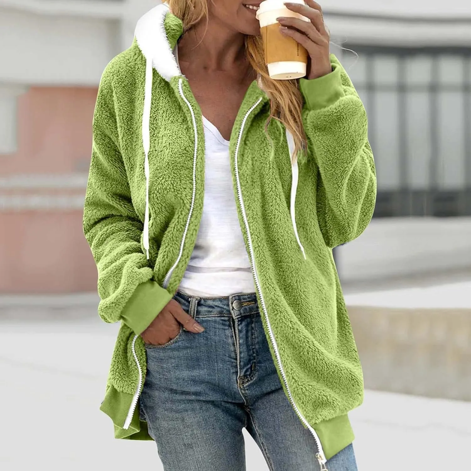 Womens Fleece Jacket Winter Loose Warm Open Front Full Zip Up Drawstring Hooded Sweater Coat Daily Casual Hoodies Coat