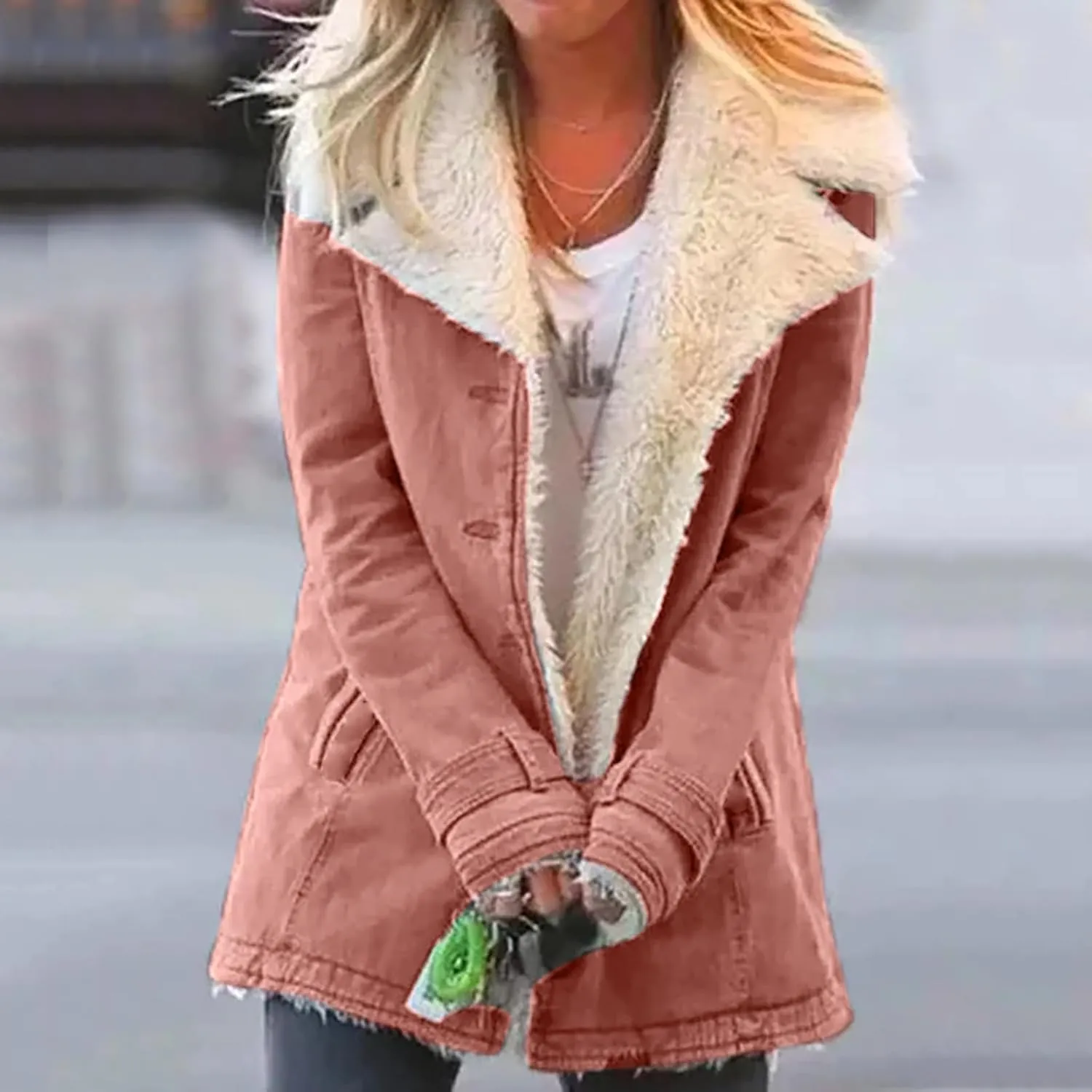 Womens Fleece Winter Jackets Plush Lapel Button Slim Fuzzy Jackets Plus Size Warm Furry Blazer Faux Fur Sherpa Coat