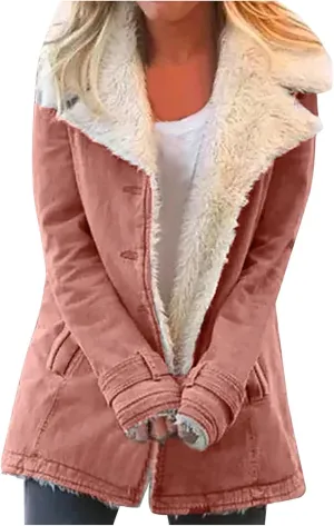 Womens Fleece Winter Jackets Plush Lapel Button Slim Fuzzy Jackets Plus Size Warm Furry Blazer Faux Fur Sherpa Coat
