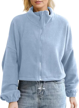 Women's Full Zip Fleece Jackets Cropped Warm Winter Coats Long Sleeve Drawstring Sweatshirts Casual Loose Blouses