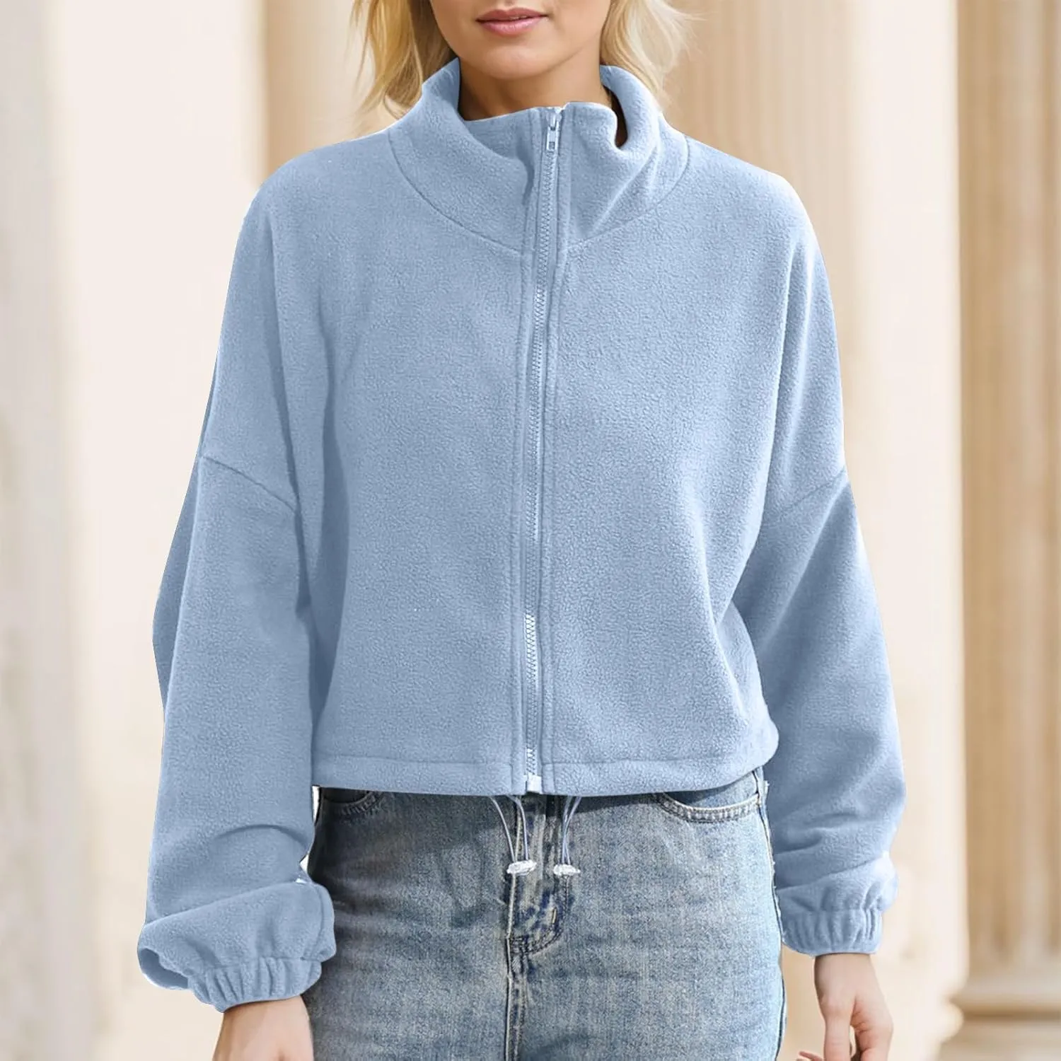 Women's Full Zip Fleece Jackets Cropped Warm Winter Coats Long Sleeve Drawstring Sweatshirts Casual Loose Blouses
