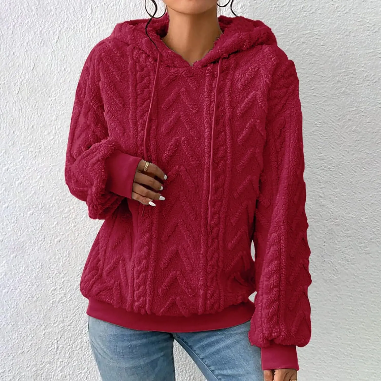 Womens Fuzzy Sherpa Pullover Hoodie Sweatshirts Long Sleeve Sport Front Pocket Sweaters Fall Outwear Winter Hooded