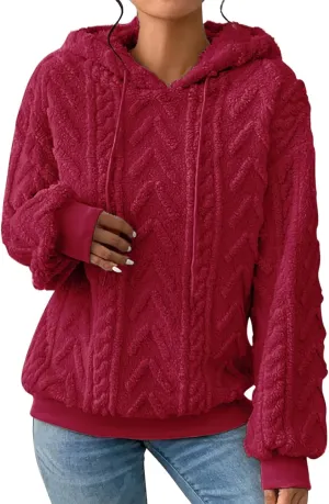 Womens Fuzzy Sherpa Pullover Hoodie Sweatshirts Long Sleeve Sport Front Pocket Sweaters Fall Outwear Winter Hooded