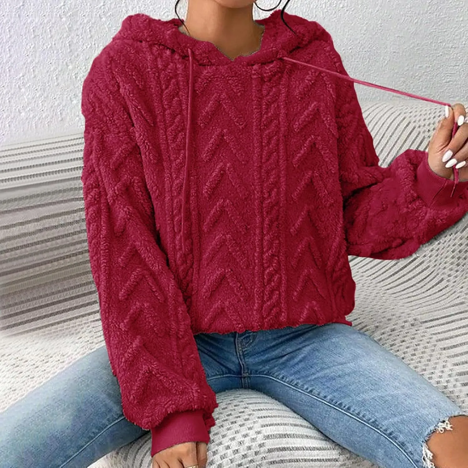 Womens Fuzzy Sherpa Pullover Hoodie Sweatshirts Long Sleeve Sport Front Pocket Sweaters Fall Outwear Winter Hooded