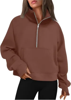 Women's Graphic Sweatshirts Long Sleeve Casual Lapel Pullover Half Zip Sweatshirts Thumb Hole Cropped, S-3XL