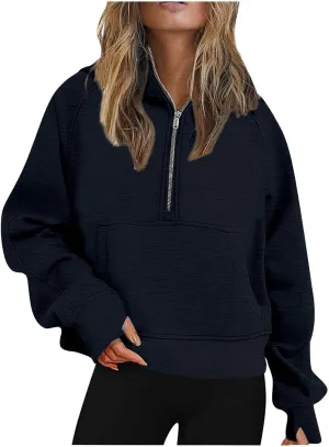 Women's Half Zip Cropped Sweatshirts Fleece Casual Loose Hoodie Quarter Zip Trendy Y2k Pullover Sweater With Pocket