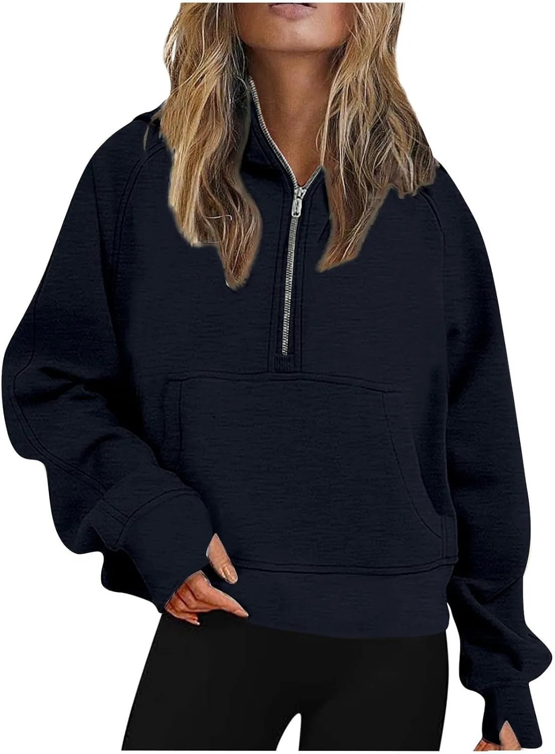 Women's Half Zip Cropped Sweatshirts Fleece Casual Loose Hoodie Quarter Zip Trendy Y2k Pullover Sweater With Pocket