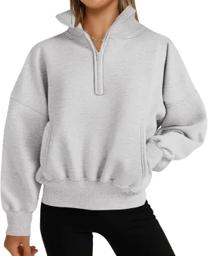Womens Half Zip Sweatshirt Fleece Oversized Cropped Sweatshirt Long Sleeve Pullover Tops Fall Winter Outfits Clothes