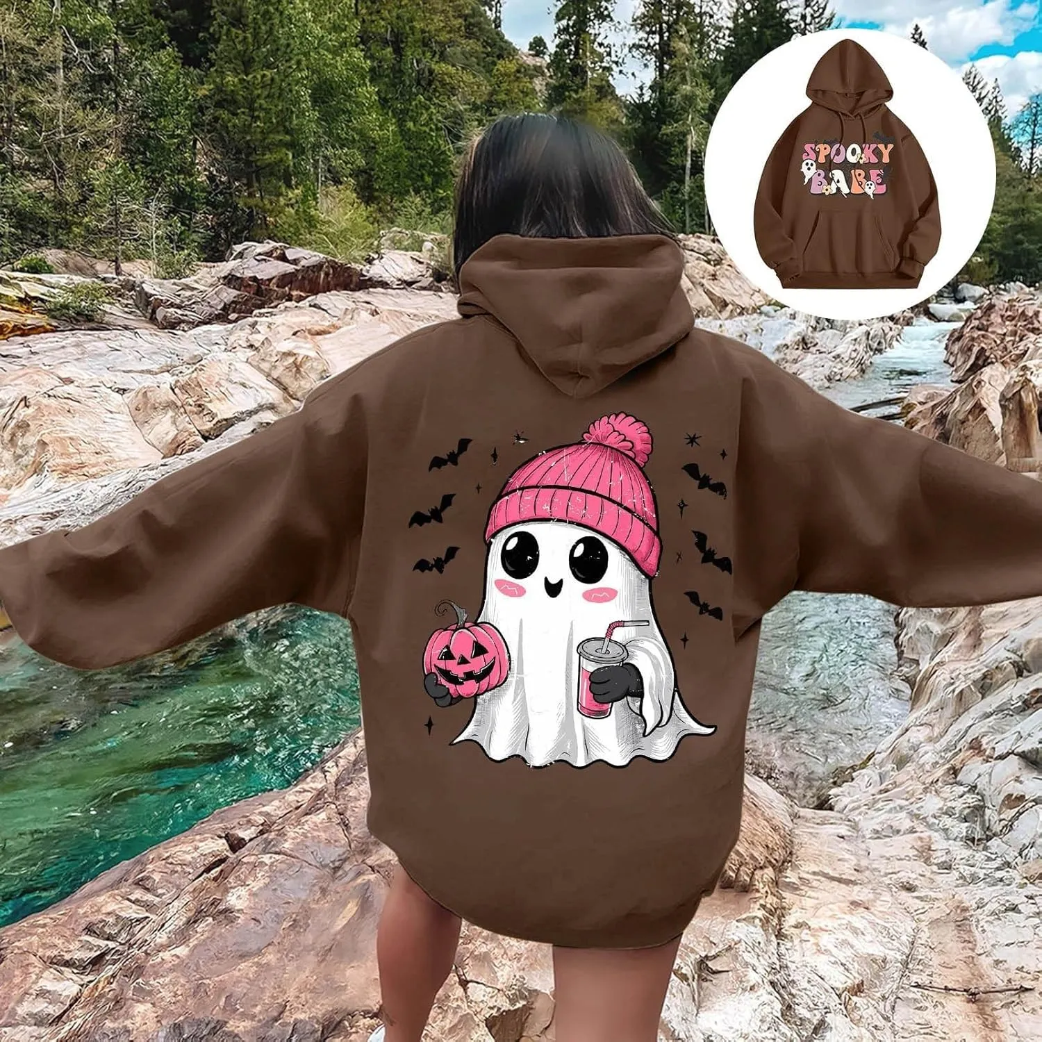 Womens Halloween Sweatshirt Cute Ghost Graphic Hoodies Funny Spooky Pumpkin Face Tops Fall Season Sweatshirts Clothes