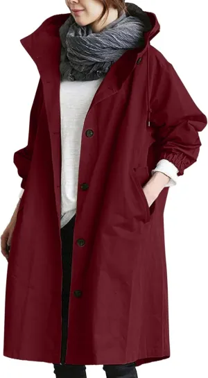 Womens Hooded Trench Coat Winter Lightweight Waterproof Rain Jacket Outdoor Button Down Oversized Windbreaker Outwear