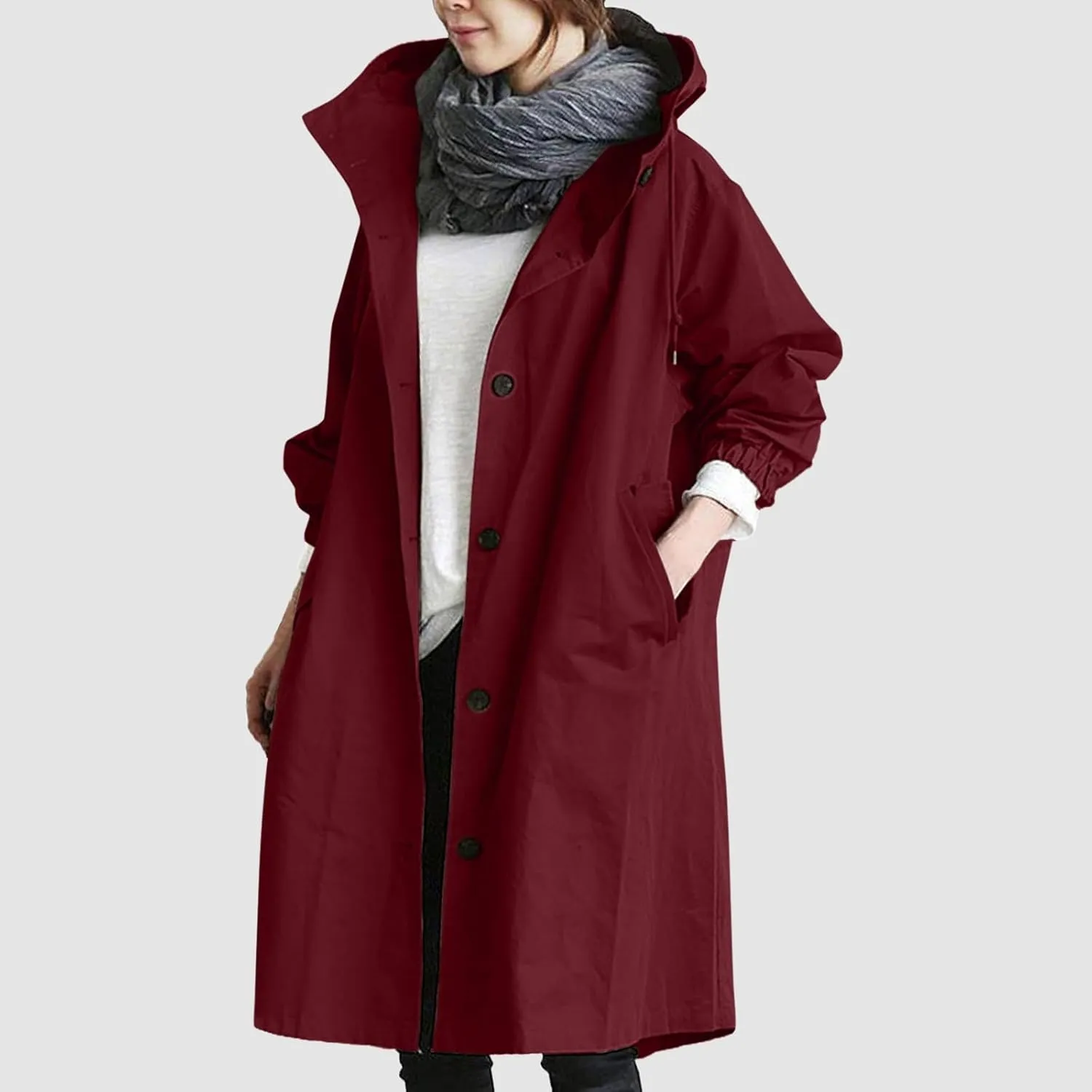Womens Hooded Trench Coat Winter Lightweight Waterproof Rain Jacket Outdoor Button Down Oversized Windbreaker Outwear