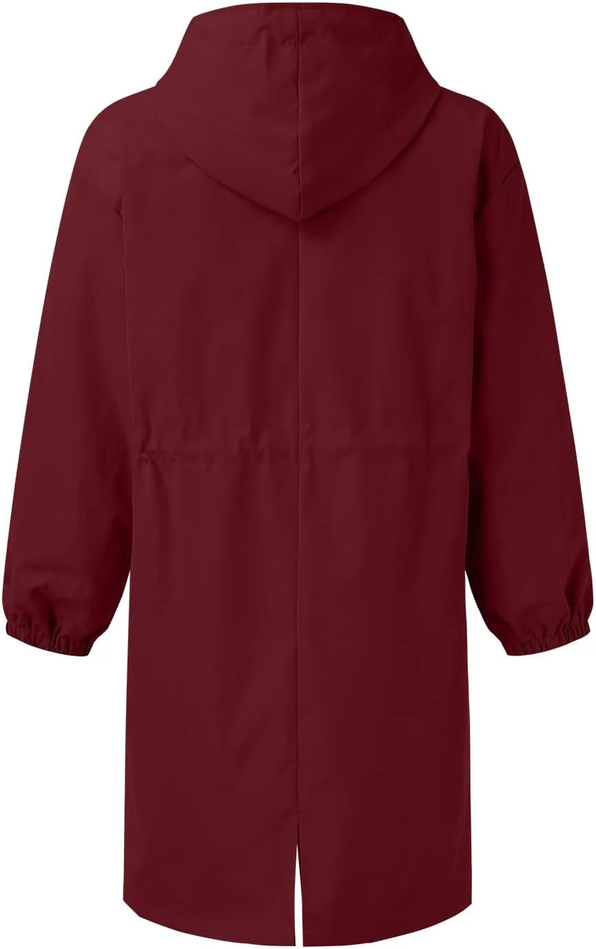 Womens Hooded Trench Coat Winter Lightweight Waterproof Rain Jacket Outdoor Button Down Oversized Windbreaker Outwear