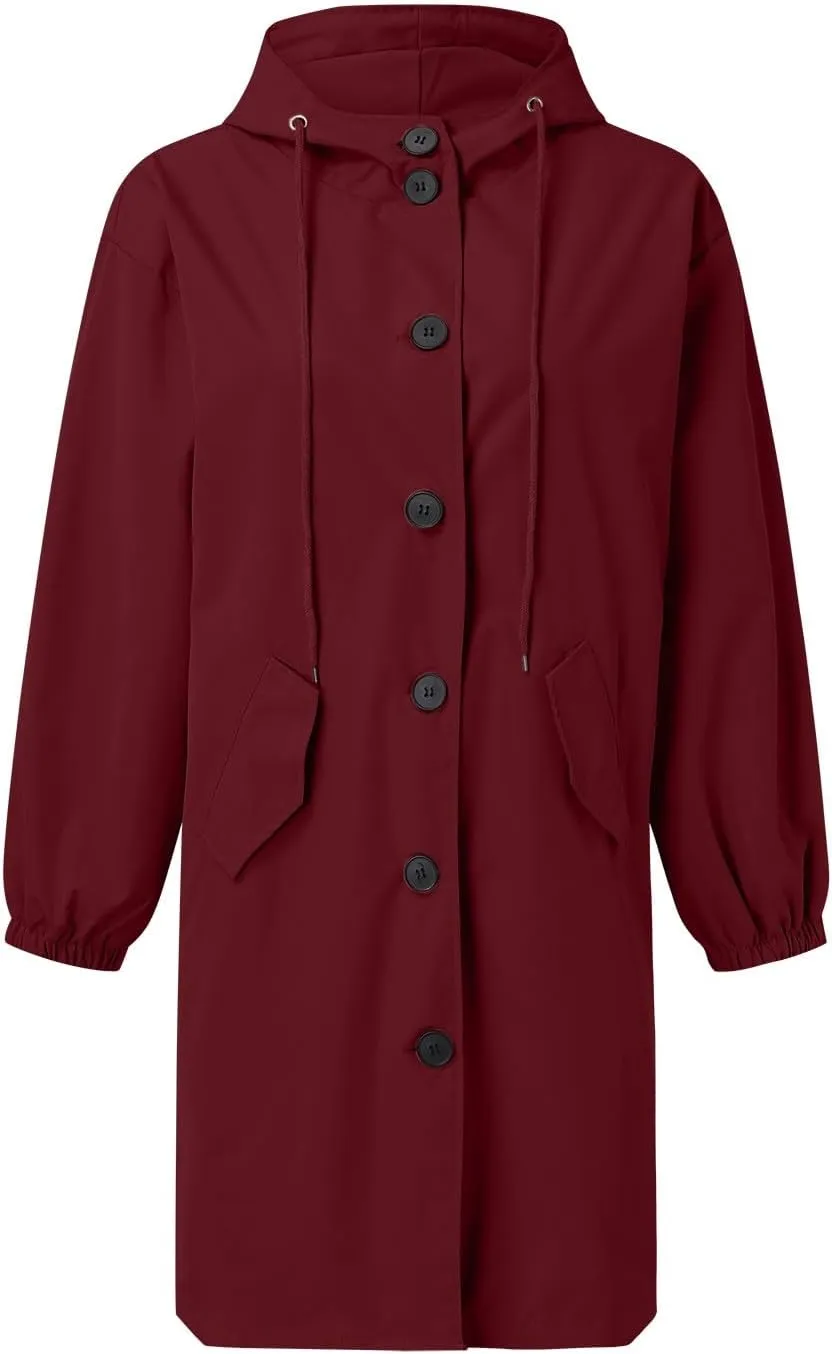 Womens Hooded Trench Coat Winter Lightweight Waterproof Rain Jacket Outdoor Button Down Oversized Windbreaker Outwear