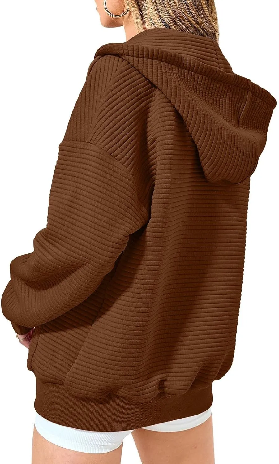 Womens Hoodie Full Zipper Casual Long Sleeve Hooded Solid Color Drawstring Pullover Drop Shoulder Tops Kangaroo Pocket