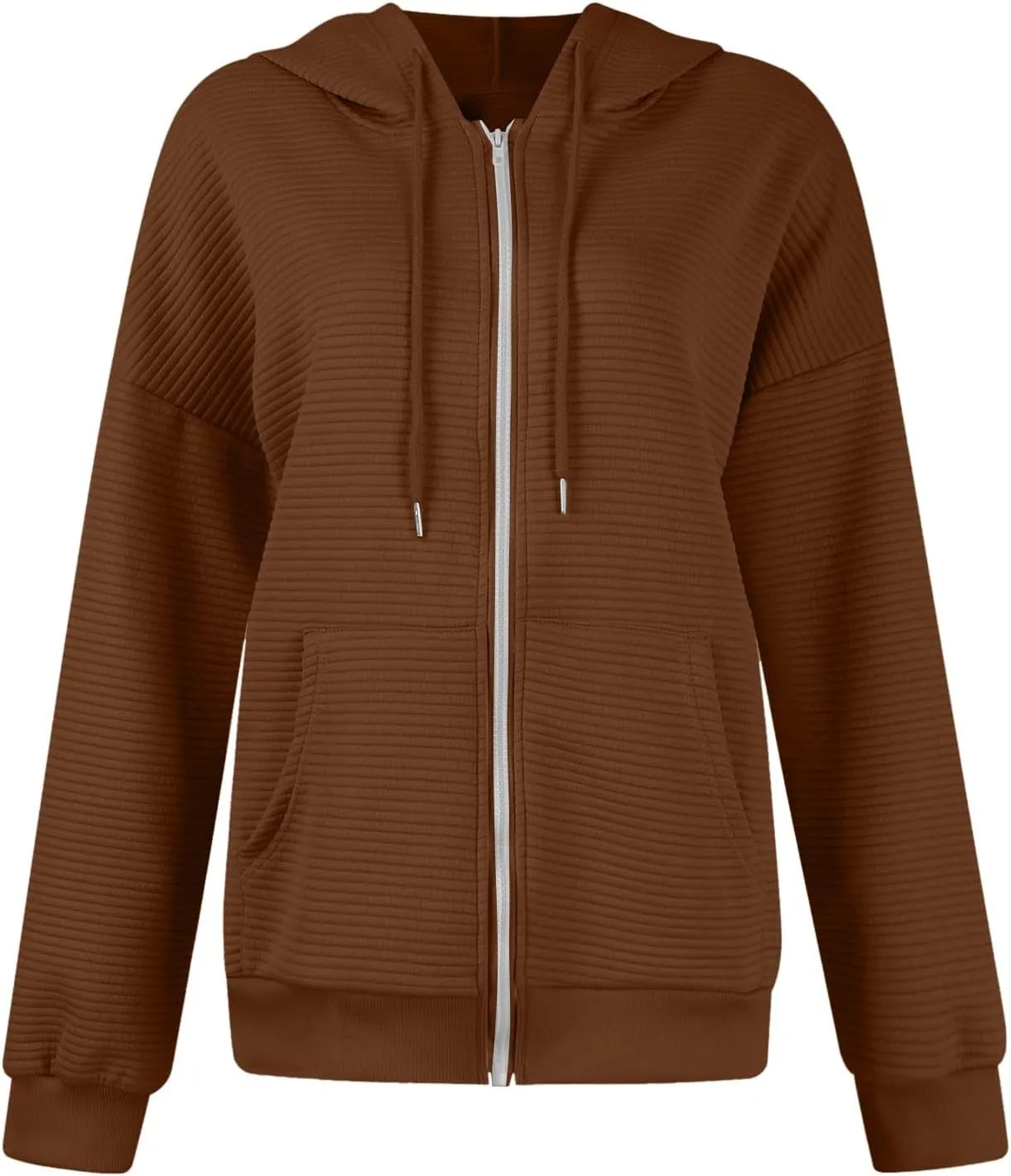 Womens Hoodie Full Zipper Casual Long Sleeve Hooded Solid Color Drawstring Pullover Drop Shoulder Tops Kangaroo Pocket