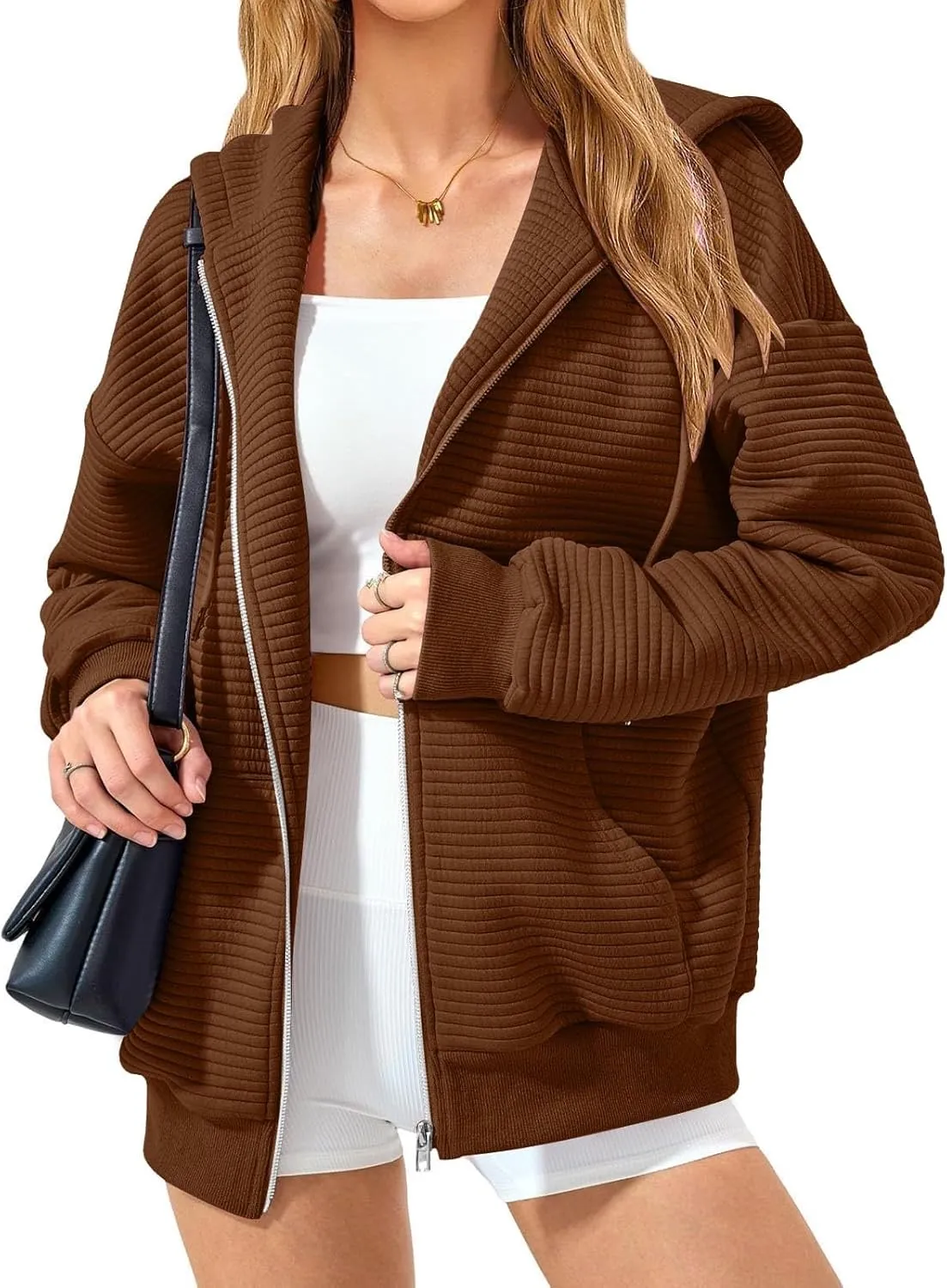 Womens Hoodie Full Zipper Casual Long Sleeve Hooded Solid Color Drawstring Pullover Drop Shoulder Tops Kangaroo Pocket